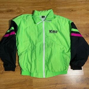 Vintage World Music Theatre Windbreaker Jacket Neon Green Size XL Made In USA